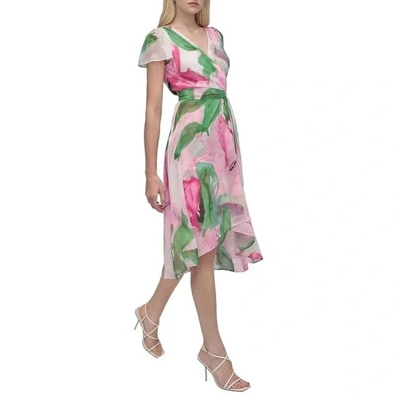 NWT DKNY Floral Print V-Neck Wrap Dress - Picture 2 of 5